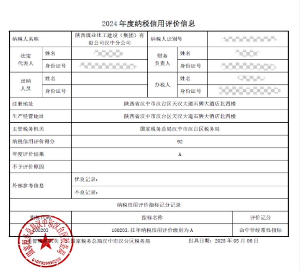 陜煤建設(shè)漢中分公司榮獲2024年度納稅信用等級(jí)“A”級(jí)稱(chēng)號(hào)